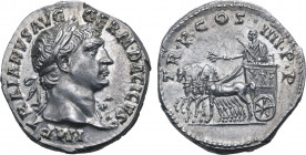 Trajan AR Denarius. Rome, AD 102. IMP TRAIANVS AVG GERM DACICVS, laureate head to right, wearing aegis on far shoulder / TR P COS IIII P P, Emperor in...