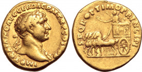 Trajan AV Aureus. Rome, AD 103-107. IMP TRAIANO AVG GER DAC P M TR P COS V P P, laureate bust to right, slight drapery on far shoulder / S P Q R OPTIM...