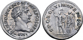 Trajan AR Denarius. Rome, AD 103-104. IMP TRAIANO AVG GER DAC P M TR P COS V P P, laureate bust to right, slight drapery on far shoulder / S P Q R OPT...