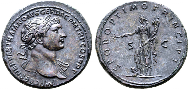 Trajan Æ Sestertius. Rome, AD 103-107. IMP CAES NERVAE TRAIANO AVG GER DAC P M T...