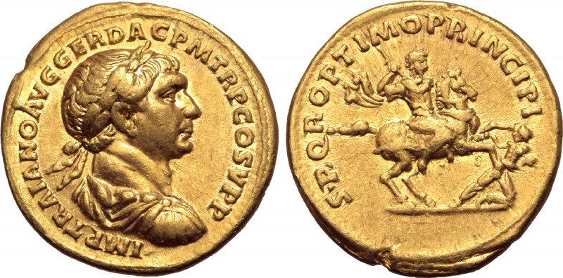 Trajan AV Aureus. Rome, AD 104-107. IMP TRAIANO AVG GER DAC P M TR P COS V P P, ...