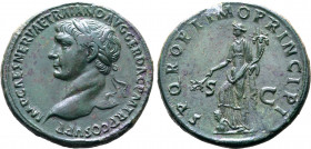 Trajan Æ Sestertius. Rome, AD 104-107. IMP CAES NERVAE TRAIANO AVG GER DAC P M TR P COS V P P, laureate head to left / S P Q R OPTIMO PRINCIPI, Pax, d...