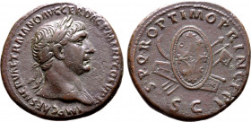 Trajan Æ As. Rome, AD 104-107. IMP CAES NERVAE TRAIANO AVG GER DAC P M TR P COS V P P, laureate head to right, slight drapery on far shoulder / S P Q ...