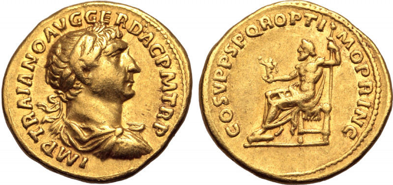 Trajan AV Aureus. Rome, AD 107-108. IMP TRAIANO AVG GER DAC P M TR P, laureate, ...