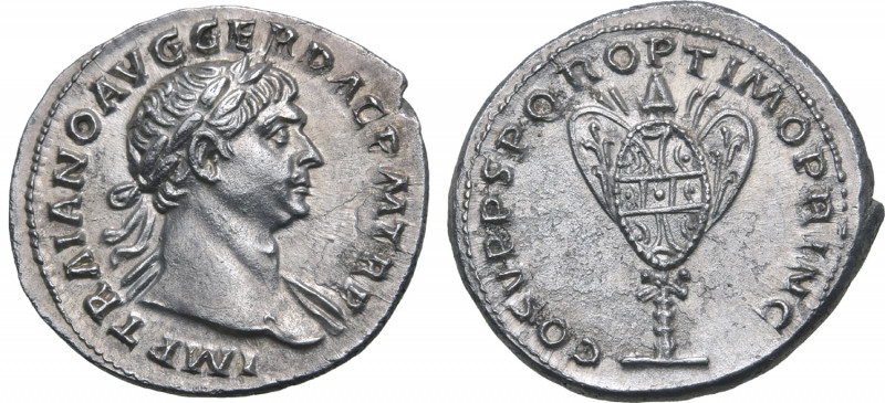 Trajan AR Denarius. Rome, AD 107-108. IMP TRAIANO AVG GER DAC P M TR P, laureate...