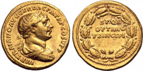 Trajan AV Aureus. Rome, AD 107. IMP TRAIANO AVG GER DAC P M TR P COS V P P, laureate, draped and cuirassed bust to right / S P Q R OPTIMO PRINCIPI in ...