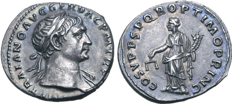 Trajan AR Denarius. Rome, AD 108-109. [IMP] TRAIANO AVG GER DAC P M TR P, laurea...