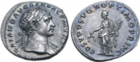Trajan AR Denarius. Rome, AD 108-109. [IMP] TRAIANO AVG GER DAC P M TR P, laureate head to right, slight drapery on far shoulder / COS V P P S P Q R O...