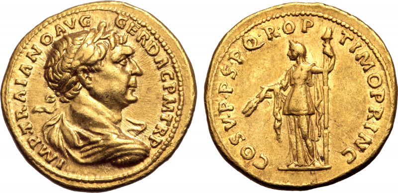 Trajan AV Aureus. Rome, AD 108-110. IMP TRAIANO AVG GER DAC P M TR P, laureate, ...