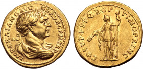 Trajan AV Aureus. Rome, AD 108-110. IMP TRAIANO AVG GER DAC P M TR P, laureate, draped and cuirassed bust to right / COS V P P S P Q R OPTIMO PRINC, C...