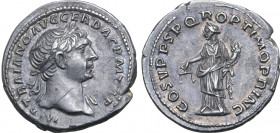 Trajan AR Denarius. Rome, AD 108-109. IMP TRAIANO AVG GER DAC P M TR P, laureate bust to right, slight drapery on far shoulder / COS V P P S P Q R OPT...