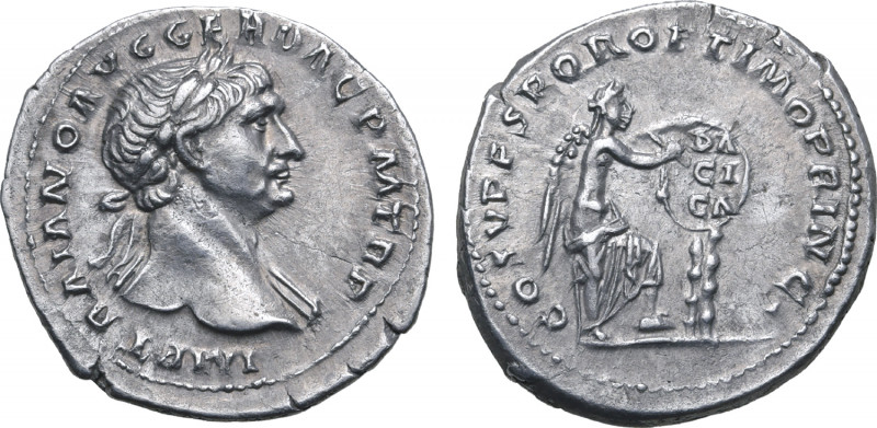 Trajan AR Denarius. Rome, AD 111. IMP TRAIANO AVG GER DAC P M TR P, laureate hea...