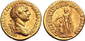 Trajan AV Aureus. Rome, AD 113-114. IMP TRAIANO AVG GER DAC P M TR P COS VI P P, laureate, draped and cuirassed bust to right / CONSERVATORI PATRIS PA...