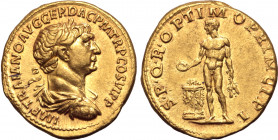 Trajan AV Aureus. Rome, AD 113-114. IMP TRAIANO AVG GER DAC P M TR P COS VI P P, laureate, draped and cuirassed bust to right / S P Q R • OPTIMO PRINC...