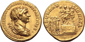 Trajan AV Aureus. Rome, AD 114-117. IMP CAES NER TRAIANO OPTIM AVG GER DAC PARTHICO▾, laureate, draped and cuirassed bust to right / REGNA • ADSIGNATA...