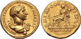 Trajan AV Aureus. Rome, AD 114-116. IMP CAES NER TRAIANO OPTIMO AVG GER DAC, laureate heroic bust to right, wearing aegis with strap over chest, globe...