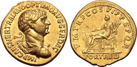 Trajan AV Aureus. Rome, AD 114-116. IMP CAES NER TRAIANO OPTIMO AVG GER DAC, laureate, draped, and cuirassed bust to right / P M TR P COS VI P P S P Q...
