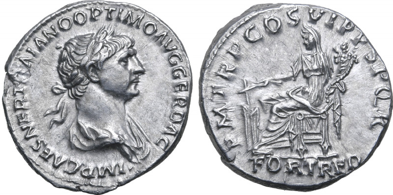 Trajan AR Denarius. Rome, AD 114-116. IMP CAES NER TRAIANO OPTIMO AVG GER DAC, l...
