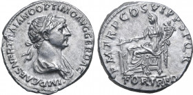 Trajan AR Denarius. Rome, AD 114-116. IMP CAES NER TRAIANO OPTIMO AVG GER DAC, laureate and draped bust to right / P M TR P COS VI P P S P Q R, Fortun...