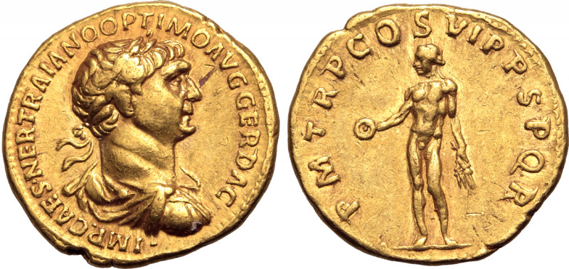 Trajan AV Aureus. Rome, AD 114-116. IMP CAES NER TRAIANO OPTIMO AVG GER DAC, lau...