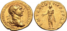 Trajan AV Aureus. Rome, AD 114-116. IMP CAES NER TRAIANO OPTIMO AVG GER DAC, laureate, draped and cuirassed bust to right / P M TR P COS VI P P S P Q ...