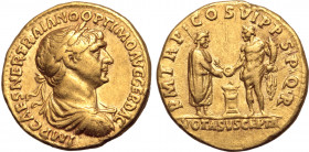 Trajan AV Aureus. Rome, AD 114-116. IMP CAES NER TRAIANO OPTIMO AVG GER DAC, laureate, draped and cuirassed bust to right / P M TR P COS VI P P S P Q ...