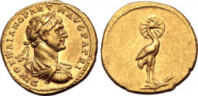 Divus Trajan AV Aureus. Rome, AD 117-118. DIVO TRAIANO PARTH AVG PATRI, laureate, draped and cuirassed bust to right / Radiate and nimbate phoenix sta...
