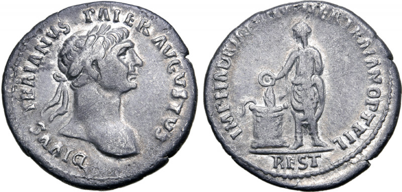 Divus Trajan AR Denarius. Antioch, AD 118. DIVVS TRAIANVS PATER AVGVSTVS, laurea...