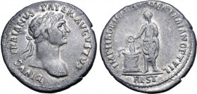 Divus Trajan AR Denarius. Antioch, AD 118. DIVVS TRAIANVS PATER AVGVSTVS, laureate bust to right / IMP HADRIA[N DIVI] NER TRAIAN OPT FIL, Hadrian stan...