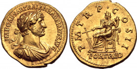 Hadrian AV Aureus. Rome, AD 118. IMP CAESAR TRAIAN HADRIANVS AVG, laureate, draped and cuirassed bust to right / P M TR P COS II, Fortuna seated to le...