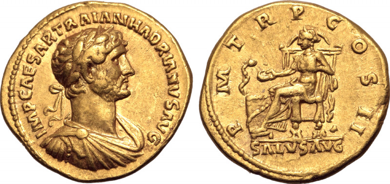 Hadrian AV Aureus. Rome, AD 118. IMP CAESAR TRAIAN HADRIANVS AVG, laureate, drap...