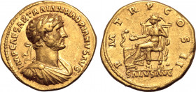 Hadrian AV Aureus. Rome, AD 118. IMP CAESAR TRAIAN HADRIANVS AVG, laureate, draped and cuirassed bust to right / P M TR P COS II, Salus seated to left...