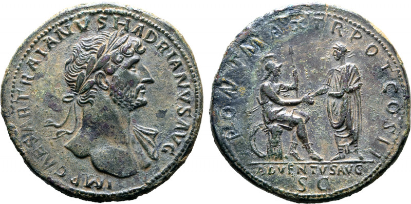 Hadrian Æ Sestertius. Rome, AD 118. IMP CAESAR TRAIANVS HADRIANVS AVG, laureate ...