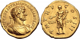 Hadrian AV Aureus. Rome, AD 119-120. IMP CAESAR TRAIAN HADRIANVS AVG, laureate and cuirassed bust to right / P M TR P COS III, Genius standing to left...