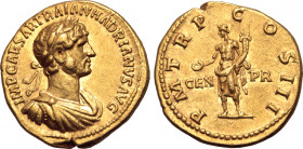 Hadrian AV Aureus. Rome, AD 119-120. IMP CAESAR TRAIAN HADRIANVS AVG, laureate, draped and cuirassed bust to right / P M TR P COS III, Genius standing...