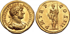 Hadrian AV Aureus. Rome, AD 119-120. IMP CAESAR TRAIAN HADRIANVS AVG, laureate, draped and cuirassed bust to right / P M TR P COS III, Jupiter standin...