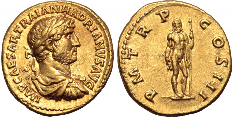 Hadrian AV Aureus. Rome, AD 119-120. IMP CAESAR TRAIAN HADRIANVS AVG, laureate, ...