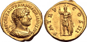 Hadrian AV Aureus. Rome, AD 120-121. IMP CAESAR TRAIAN HADRIANVS AVG, laureate, draped and cuirassed bust to right / P M TR P COS III, Mars standing f...