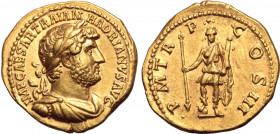 Hadrian AV Aureus. Rome, AD 120-121. IMP CAESAR TRAIAN HADRIANVS AVG, laureate, draped and cuirassed bust to right / P M TR P COS III, Mars, helmeted,...