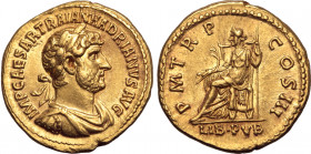Hadrian AV Aureus. Rome, AD 120-121. IMP CAESAR TRAIAN HADRIANVS AVG, laureate, draped and cuirassed bust to right / P M TR P COS III, Libertas seated...