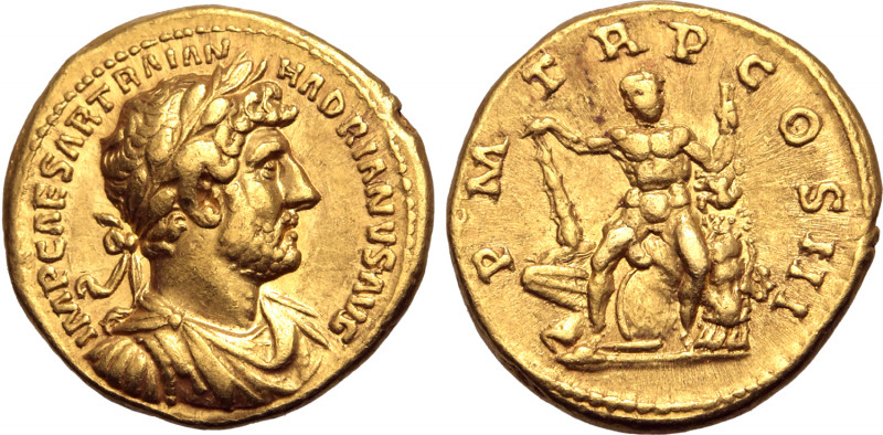 Hadrian AV Aureus. Rome, AD 121-123. IMP CAESAR TRAIAN HADRIANVS AVG, laureate, ...