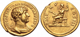 Hadrian AV Aureus. Rome, AD 121-123. IMP CAESAR TRAIAN HADRIANVS AVG, laureate and cuirassed bust to right, wearing balteus strap / P M TR P COS III, ...