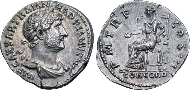 Hadrian AR Denarius. Rome, AD 121-123. IMP CAESAR TRAIAN HADRIANVS AVG, laureate...