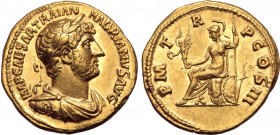 Hadrian AV Aureus. Rome, AD 121-123. IMP CAESAR TRAIAN HADRIANVS AVG, laureate, draped and cuirassed bust to right / P M TR P COS III, Roma seated to ...