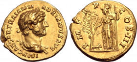 Hadrian AV Aureus. Rome, AD 121-123. IMP CAESAR TRAIAN HADRIANVS AVG, laureate and draped bust to right / P M TR P COS III, Minerva standing to left, ...