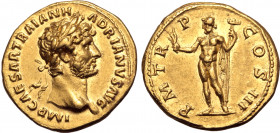 Hadrian AV Aureus. Rome, AD 121-123. IMP CAESAR TRAIAN HADRIANVS AVG, laureate head to right / P M TR P COS III, Neptune standing facing, head to left...