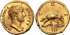 Hadrian AV Aureus. Rome, AD 124-125. HADRIANVS AVGVST, laureate bust to right, slight drapery on far shoulder / COS, she-wolf standing to left, suckli...