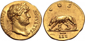 Hadrian AV Aureus. Rome, AD 124-125. HADRIANVS AVGVSTVS, laureate bust to right, slight drapery on far shoulder / COS III, Capitoline wolf standing to...