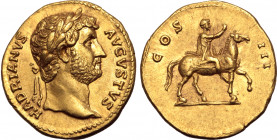 Hadrian AV Aureus. Rome, AD 125-127. HADRIANVS AVGVSTVS, laureate head to right / COS III, emperor riding to right, raising right hand. RIC II.3 781 (...