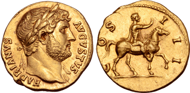 Hadrian AV Aureus. Rome, AD 125-128. HADRIANVS AVGVSTVS, laureate bust to right,...